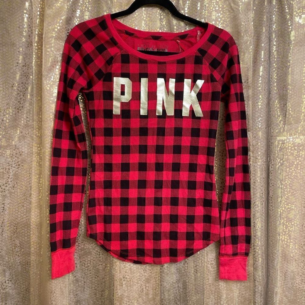 PINK Victorias Secret black red checkered gold logo long sleeve sleep shirt, XS